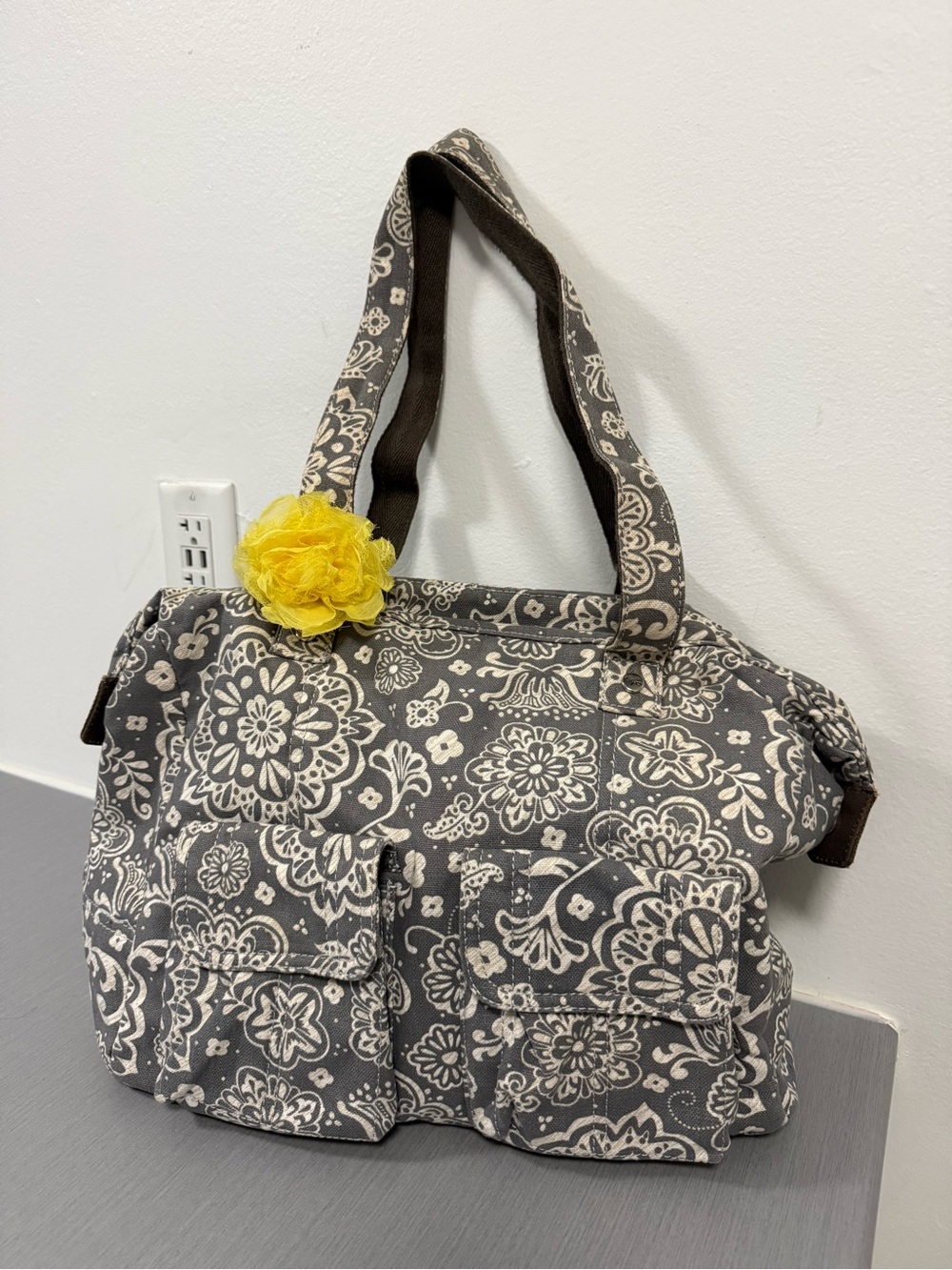 Thirty-One Gray Floral Utility Tote Bag Large Zip Top Travel Diaper Bag